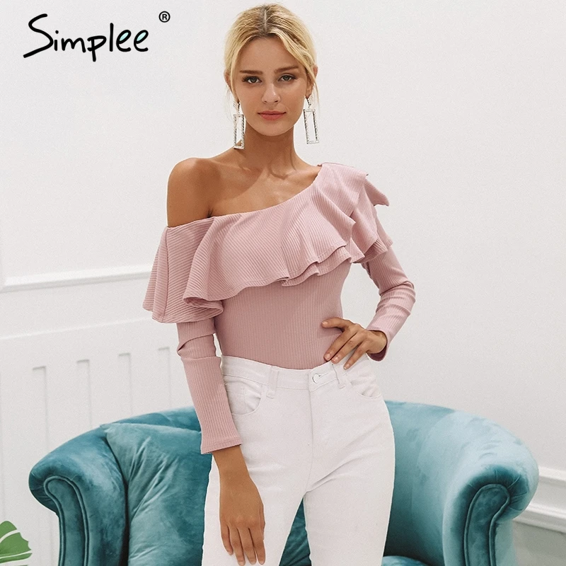 Simplee One shoulder ruffles blouse shirt women Sexy slim long sleeve tops Knitted casual cotton blusas new fashion women autumn