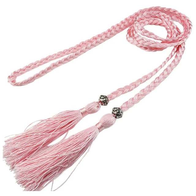 Women Waist Belt Rope Chinese Style Braided Woven Tassel Thin Belt Female Knot Decorated Waistband Hot Casual Solid Black Belts Pink