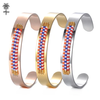 

10pcs/lot Stainless Steel Bangle Jewelry Seed Beads Handmade Cuff Bangles Woven Boho Bangles Miyuki Seed Bead M-008*10