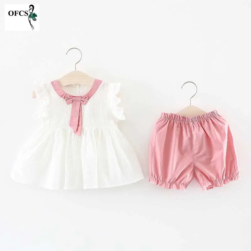 

New Summer Girls Clothes Suits Style Children Bow Lace Sling Clothing Short-sleeved Dress+Short Pants Sets 2 Pcs For 1 2 3 Year
