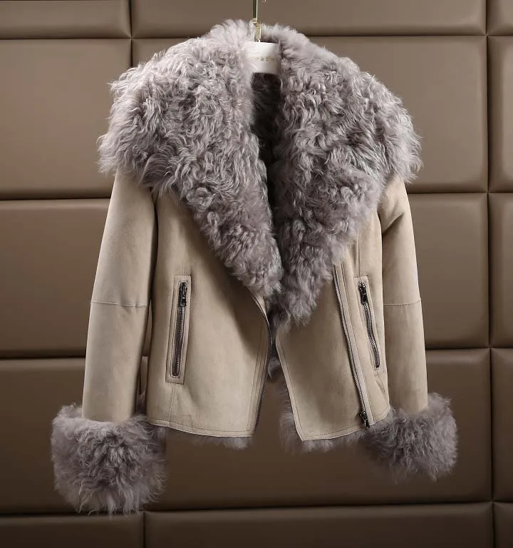 Новое поступление Роскошная Европейская американская зимняя модная женская куртка из натуральной овчины, шерстяная подкладка, Женская куртка XXL - Цвет: Светло-серый