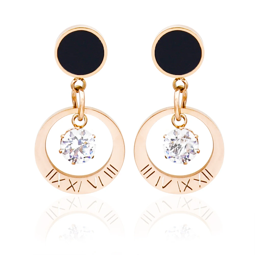 Розовое золото римские серьги цифры Мода Циркон для женщин AAA кристалл серьги серьги из нержавеющей стали для женщин