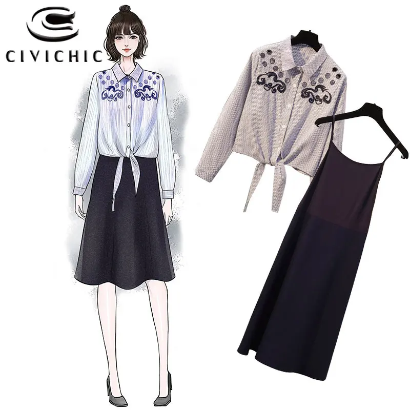 

CIVI CHIC Plus Size Women Spring Two Pieces Set Embroidery Striped Shirt Sexy Braces Dress Spaghetti Vestidos Tops 2 PCS WSET08