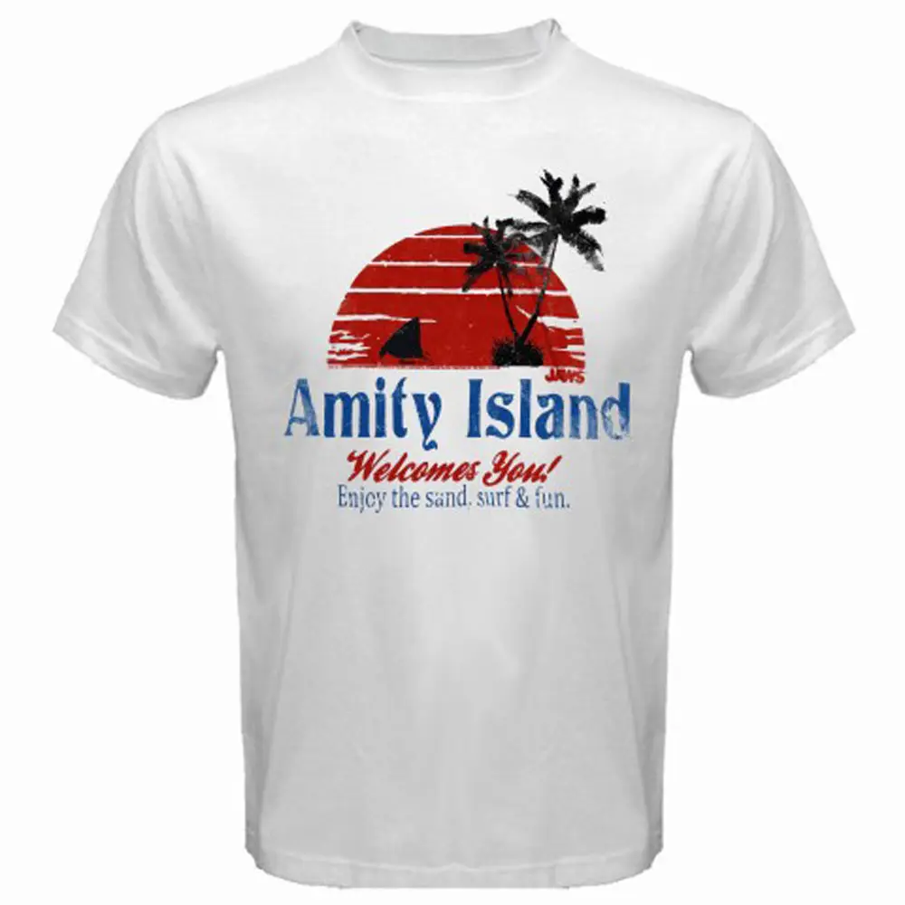 Новый Amity Island фильм &quotЧелюсти&quot Акула мужская белая футболка Размер s M L XL 2XL 3XL