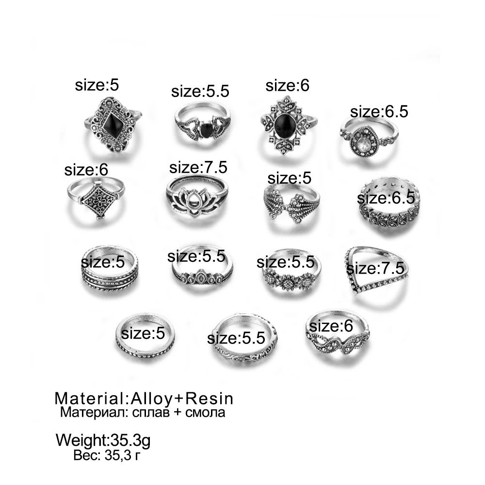 VOVA 15 шт./компл. богемные Ретро Кристалл цветок листья полый Лотос драгоценный камень набор серебряных колец женский Подарок на годовщину свадьбы