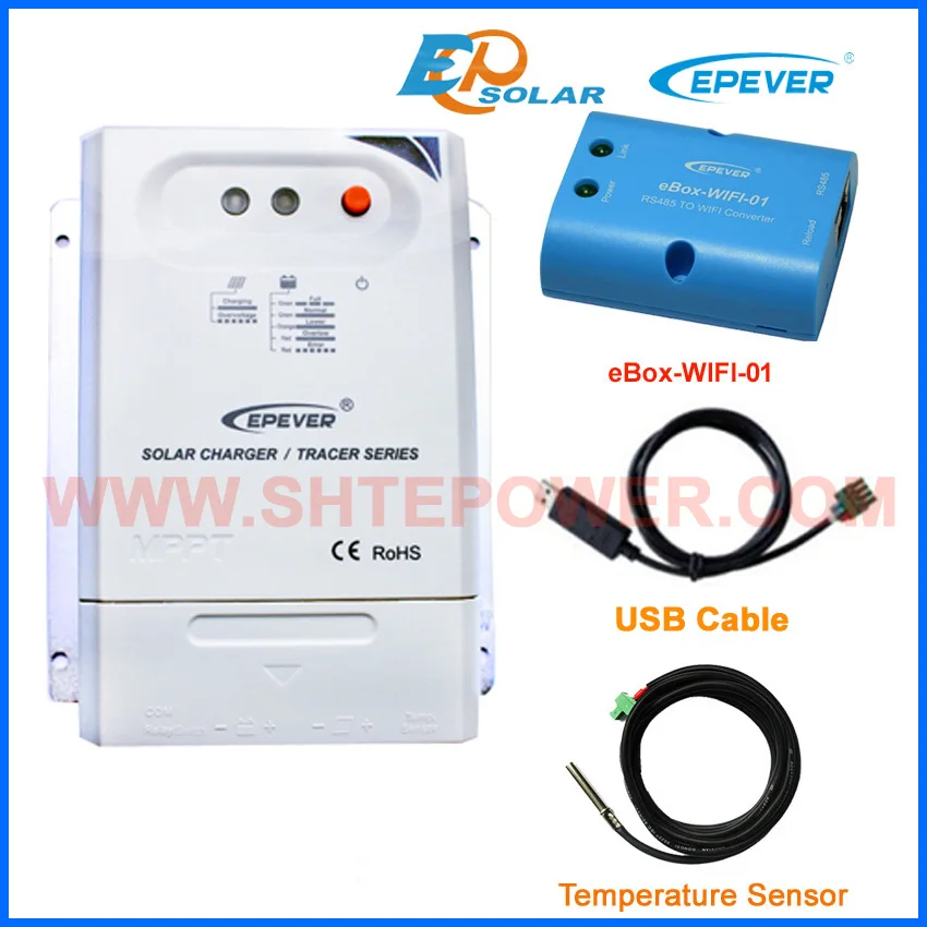 

30amp MPPT EPEVER charger solar controller Tracer3210CN USB cable+temperature sensor cable eBOX-WIFI-01 30A 12v 24v auto work