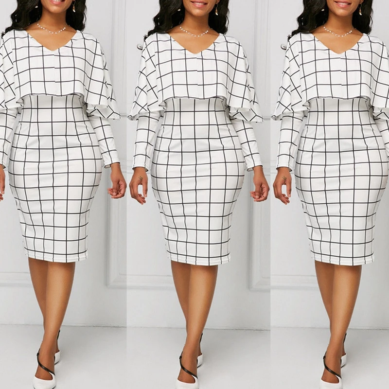 

Autumn Women Elegant Midi Dress Classical Plaid Party Business Flounce Flared Vintage Vestido