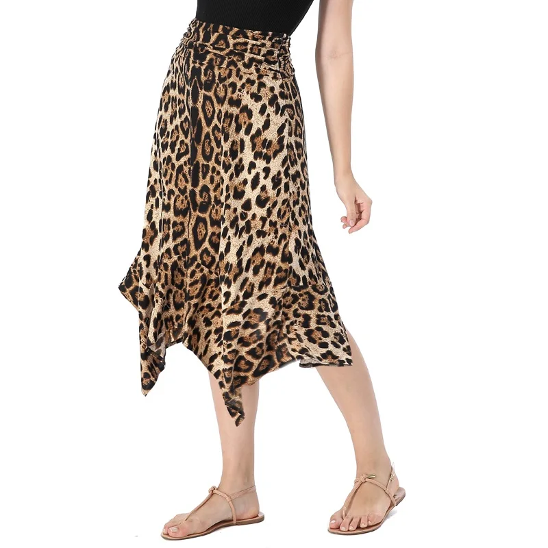 Vfemage Женская однотонная леопардовая юбка с высокой талией и цветочным принтом, с рюшами, с цветочным принтом, с цветочным узором, с расклешенным подолом, трапециевидная юбка средней длины 051