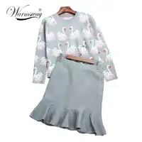 Fashion women grey ruffle swan sweaters sets woman Pullover Tops and Slim Bodycon Pencil Skirt Set Casual Two Piece Set C-044