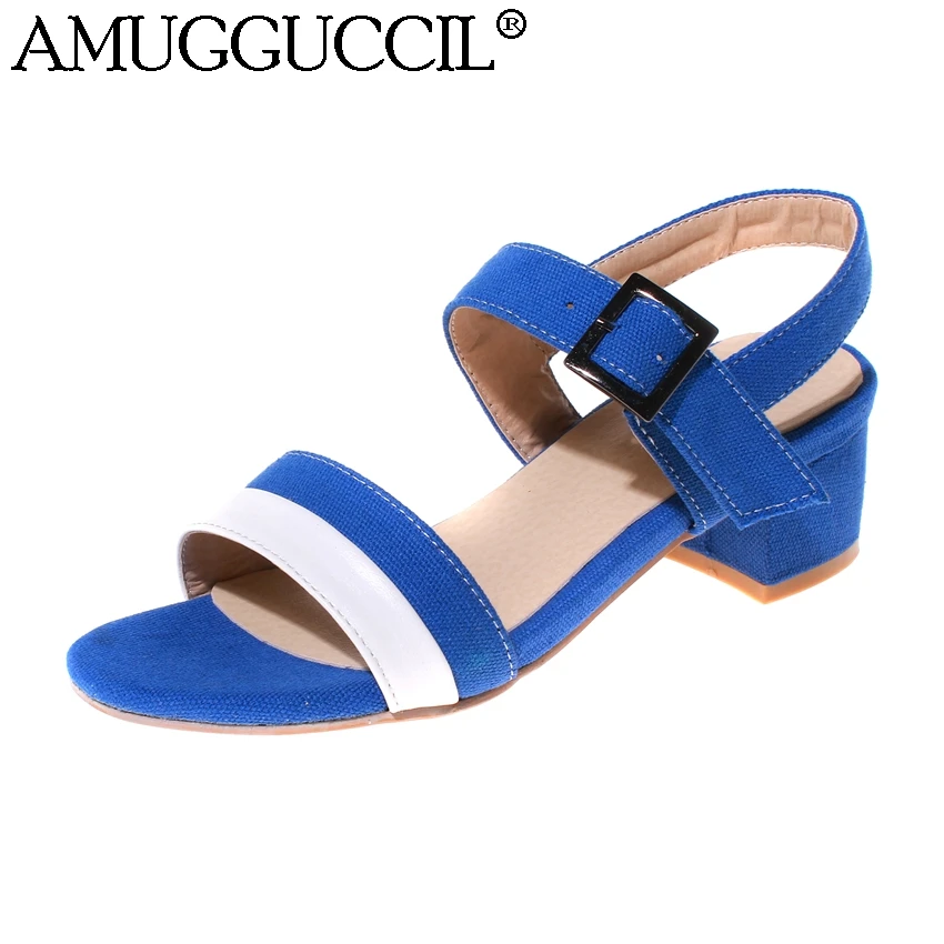 

2017 New Plus Big Size 33-42 Black Blue Green Buckle Fashion Casual Mid Heel Summer Girl Female Lady Women Sandals L844