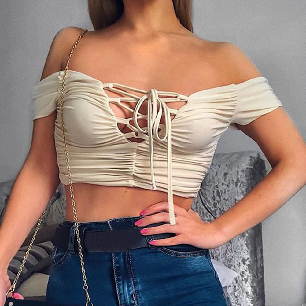 Draped Backless Sexy Lace Up Dating Travel Solid Women Crop Top Party Slim Fit Ladies Off Shoulder Summer Shopping
