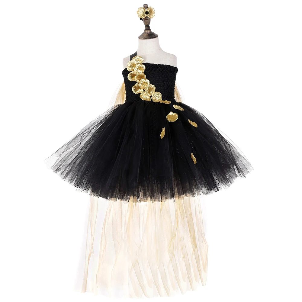 Платье-пачка с лепестками черного и золотого цветов вечернее пышное свадебное платье из тюля для девочек детская одежда для девочек, детское праздничное платье на день рождения