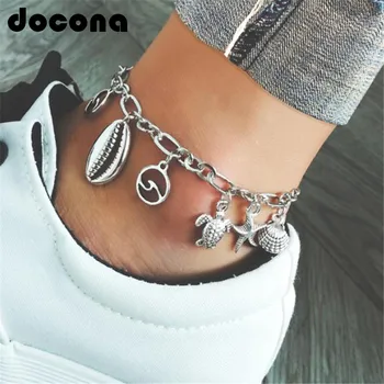 

docona Boho Alloy Wave Shell Pendant Anklets for Women Starfish Turtle Charms Adjustable Foot Chains Beach Jewelry Pulseras 2322