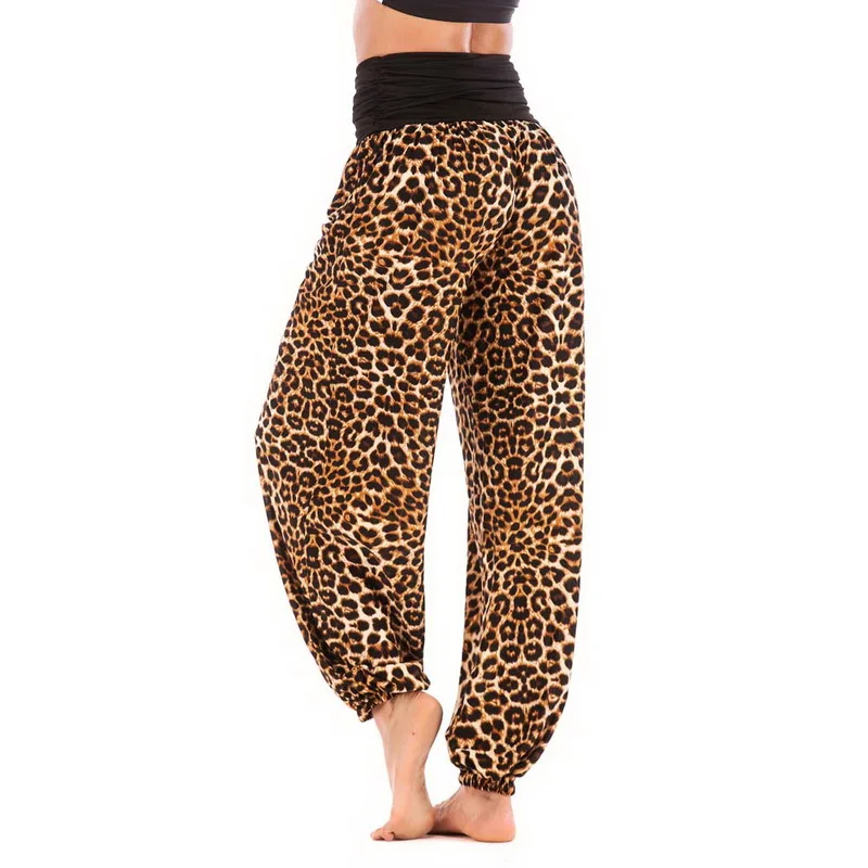 Плюс размер женские свободные брюки для йоги спортивные с высокой талией леопардовые принты полосатые женские леггинсы ремни широкие ноги тренировки тренажерный зал брюки