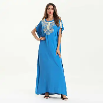 

Summer Embroidery Bohemian Maxi Dress sequined design Bat Sleeve Blue Muslim Abaya Dubai Islamic UAE Arabic Cotton Robe VKDR1560