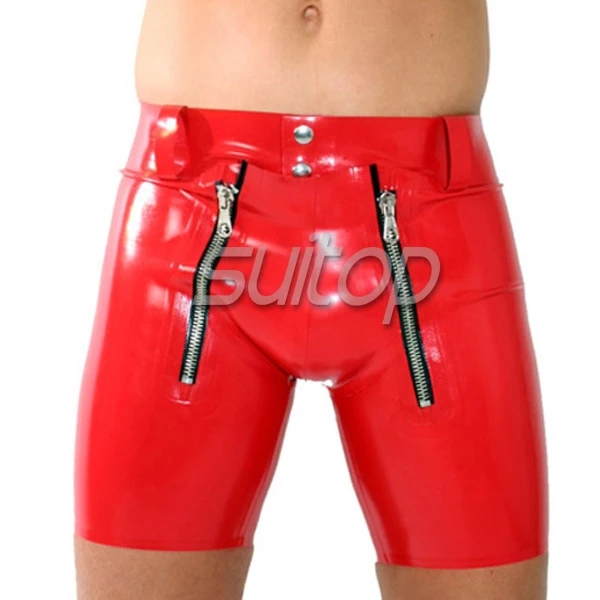 Suitop  double zip latex short pant sexy rubber codpiece pants for men