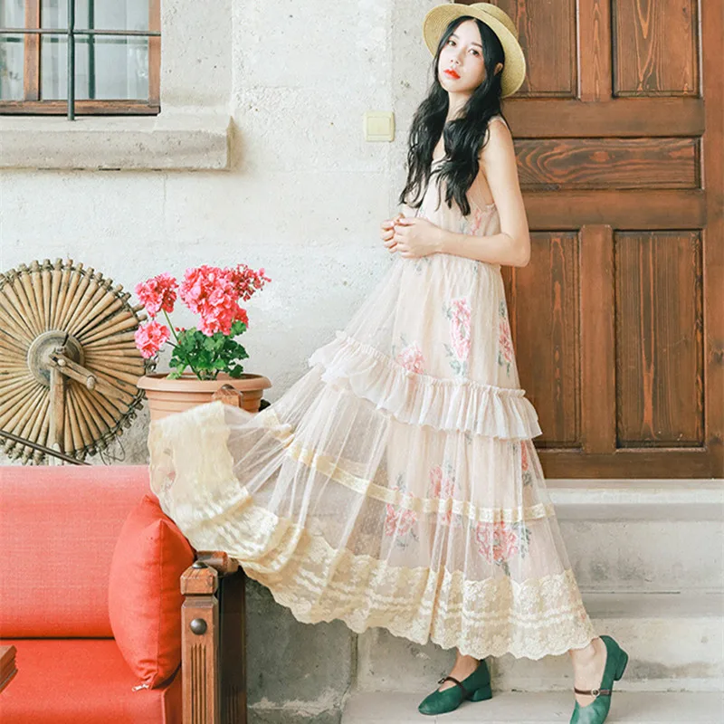 

Free Shipping 2018 New Summer New Fashion Mesh Lace Dresses For Women Sleeveless V-Neck Layered Big Hem Loose Long Maxi Dresses