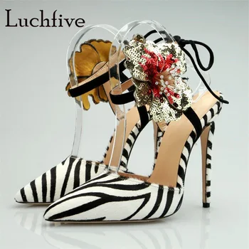 

Sequin Flowers Zebra Pattern Sandals Woman Thin High Heels Ankle Lace Up Party Shoes String Beads Horse Hair Sexy Sandals Mujer