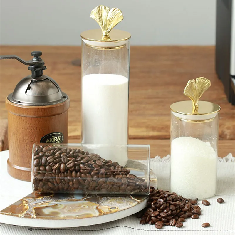 brass ginkgo leaf Glass Jar Candy jar transparent coffee bean candy cans block sealed jar Tea Storage bottle bonbonniere bocal