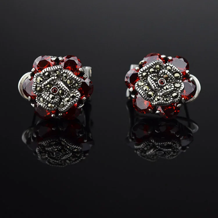 

925 silver rose earring inlaid mosaic red corundum