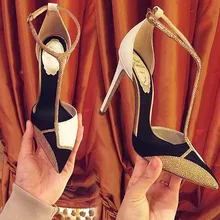 Ladies Pumps Genuine Leather T-strap Sexy Shoes for Women Rhinestone Brand Fancy Fashion Party Club Pump Femal Sapato Feminino