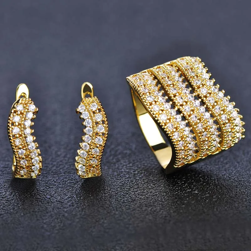 

Dazz Shining Zircon S Jewelry Sets Stud Earrings&Ring For Women Brincos Aros Gold Silver Color Bridal Wedding Joyas Schmuck