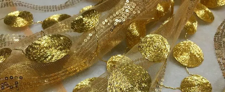 contas de lantejoulas douradas de alta bordado de tecido de revestimento de saia bordada com onda em círculo