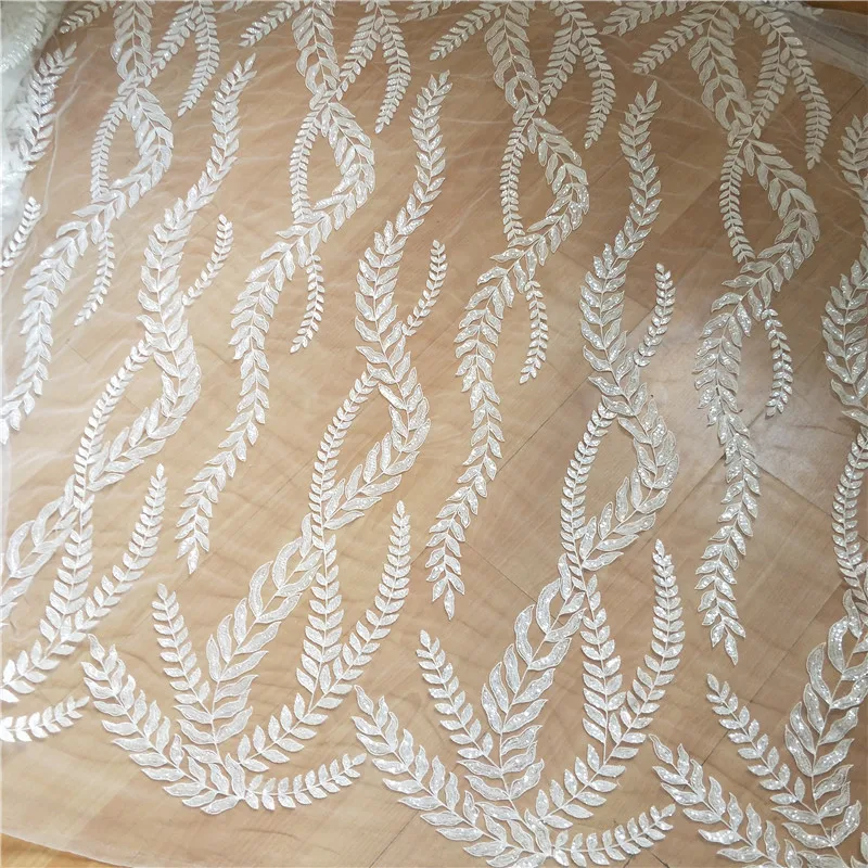 

1 Yard Clear Sequin Mesh Floral Embroidery Lace Fabric with Leaf Pattern Design for Bridal Gown Wedding Dress