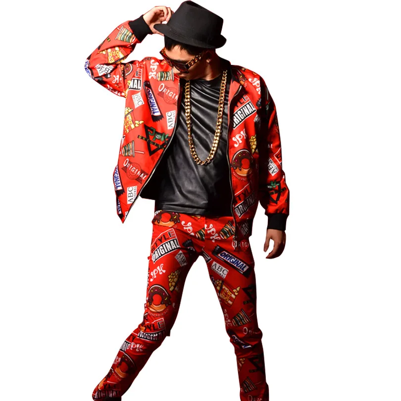 

High Street Fashion Hip-hop Men Casual Coat Red Icon Baseball Coat Nightclub Male Singer Dancer DJ Super Star Stage Costumes
