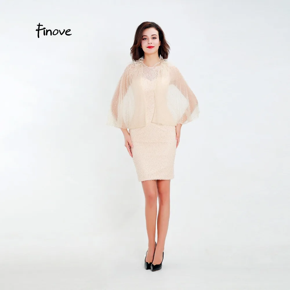 

Finove Formal Cocktail Dress New Design 2019 Short Knee-Length Cloak with Feathers Pearls Simple Short Dresses Party Dress Gowns