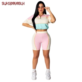 

RAISEVERN 2019 New Arrival Women Pathwork Two Pieces Sets Short Crop Top Sweatshirts Elastic Drawstring Shorts Tracksuits