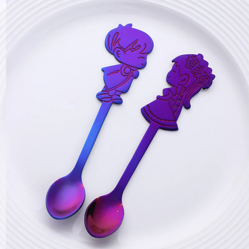 2 шт. кофейная ложка из нержавеющей стали, милая детская форма, красочные Мультяшные мороженое, чай, десертный суповой ложки для помешивания - Цвет: Purple