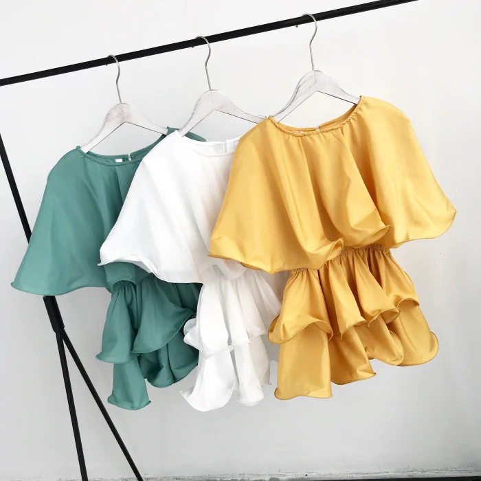 

Amolapha Sweet Women Cake Layer Shirts Stylish Summer Ruffles Female Woman Casual Solid Jumper Tops