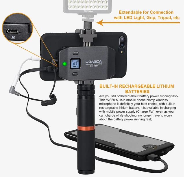 Comica CVM-WS50(H) Sistema de micrófono inalámbrico, micrófono de  entrevista de mano de 6 canales con agarre de combinación flexible para  teléfono