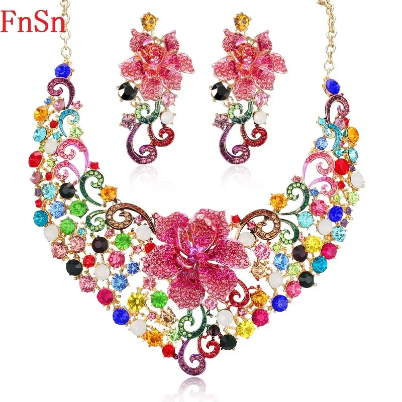 

FnSn New Fashion Jewelry Sets Colorful Crystal Necklaces Earrings Set Pink flower Wedding Party Necklace Earring Gift Women S133