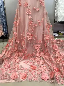 

5 yards chic carol pink lace fabric with 3D beads flowers appliques / rose pink bridal mesh embroidered 3D flowers lace fabrics