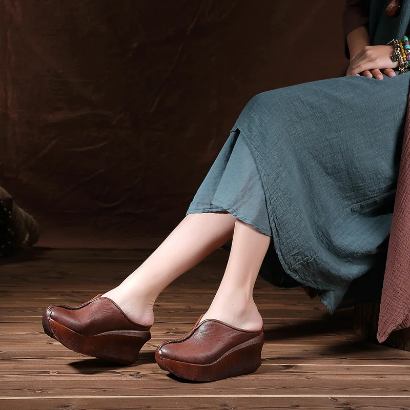 

OLOMM 2019 Summer New Women's Slippers Sandals Leather Thick-bottomed Muffin with Chinese toe Baotou Casual Half Slippers LL-06