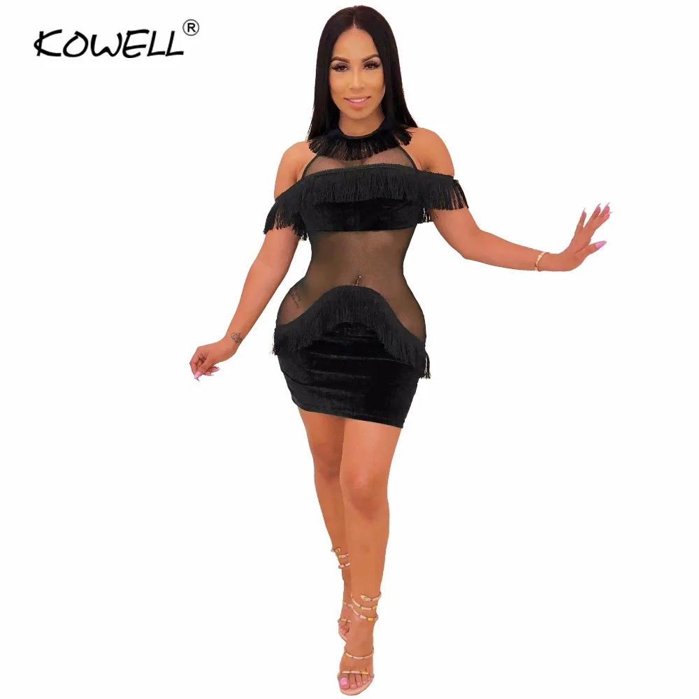 

2019 Tassel Sexy Mesh Velvet Dress Women Clothes Off Shoulder Perspective Mini Bodycon Dresses Elegant Night Club Party Dress