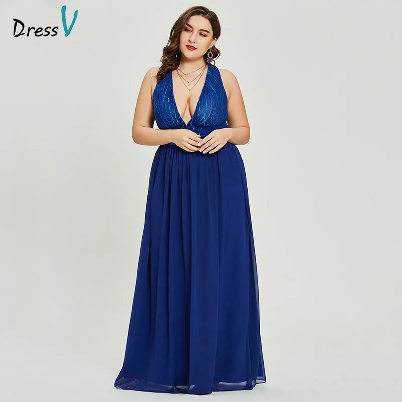 Dressv королевский синий v образным вырезом размера плюс вечернее платье с бисером элегантное ТРАПЕЦИЕВИДНОЕ платье без рукавов для свадебной вечеринки вечернее платье es