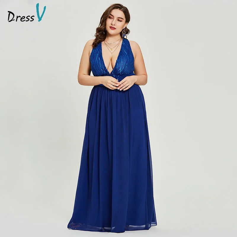 Dressv royal blue v neck plus size evening dress beaded elegant a line ...