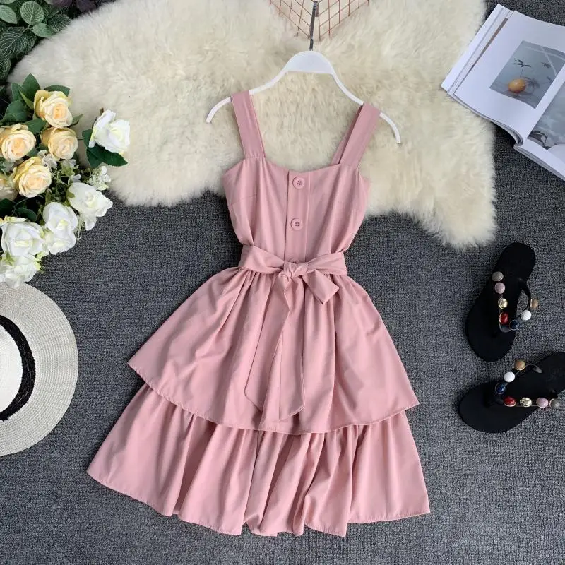 

of pure color small fresh sling skirt sleeveless strap with double-layer lotus leaf side cake skirt holiday dress