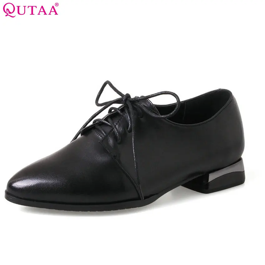 

QUTAA 2018 Women Pumps Pointed Toe Lace Up Women Shoes Square High Heel Solid Black Genuine Leather+ Pu Women Pumps Szie 34-43