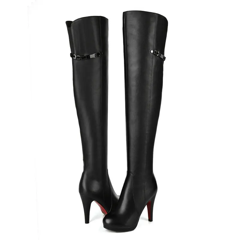 Women Over The Knee Boots Autumn Winter Warm Genuine Leather High Heels Shoes Woman Sexy Party Dancing Boots - Цвет: Черный