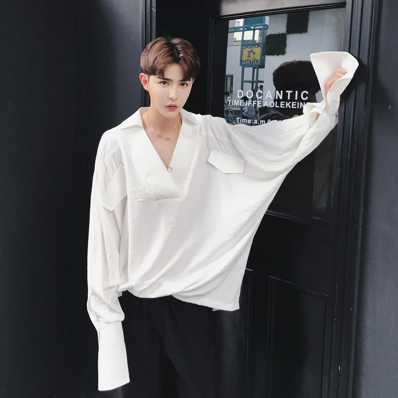 Черно-белая мужская рубашка с v-образным вырезом в стиле панк, хип-хоп, блуза с длинным рукавом, корейский стиль, большие размеры, мужские рубашки, повседневная одежда размера плюс