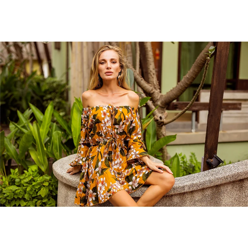 SharVell для женщин Folarl печати Boho платья мода Slash средства ухода за кожей Шеи Империя