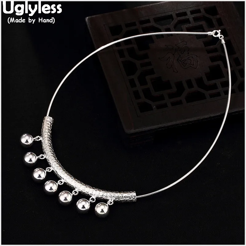 

Uglyless Real 925 Sterling Silver Ethnic Women Beads Tassel Pendant without Necklaces Carved Tube Chokers Handmade Fine Jewelry
