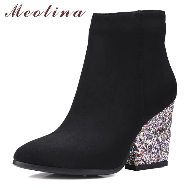 Women's Fashion Side Zipper Pointed Closed Toe Glitter Square Heel Velvet Ankle Boots Women's Fashion Side Zipper Pointed Closed Toe Glitter Square Heel Velvet Ankle Boots