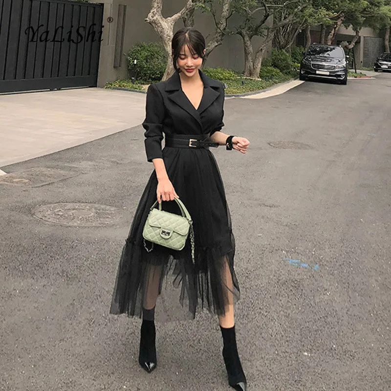 Plus Size A-line Dress 2018 Women Autumn Black Long Sleeve Notched Mid-calf Modis Goth Gauze Dress Vintage Casual Dresses Ladies