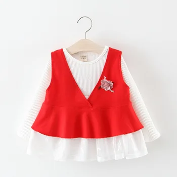 

Spring Baby Girls Long Sleeve Solid Pleated Tutu Dress + Flower Vest Cotton Princess Party Kids 2Pcs Clothes vestidos