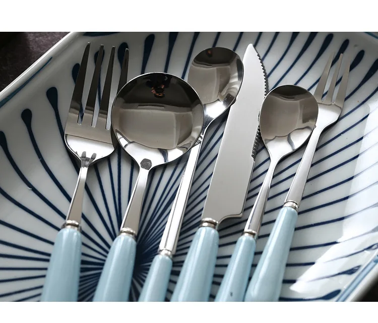 6 шт./компл. Нержавеющая сталь столовые приборы набор вилок ножей с Керамика ручка цвета: голубой, розовый, зеленый, белый Цвет посуда Кухня расходные материалы